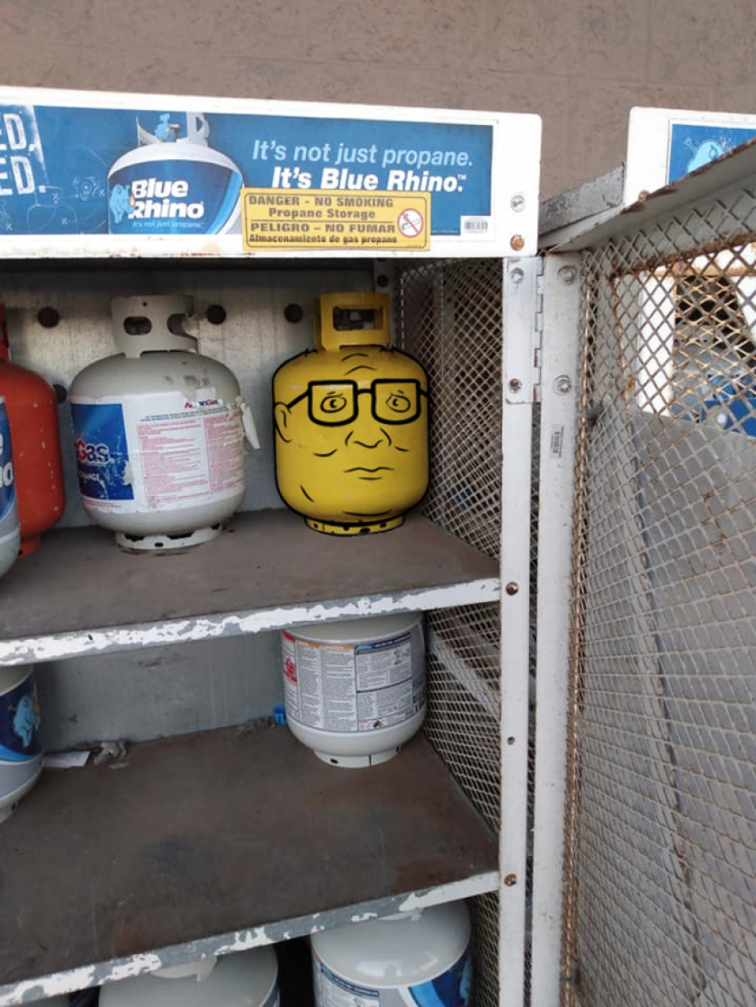 This propane tank painted like Hank Hill's Lego head