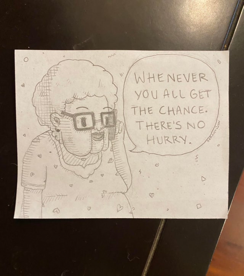 I work at a call center. Sometimes I like to draw what my rude callers might look like. Today I thought I’d show you all a kind caller. Here’s Ruth from today, when told how long she would have to wait for our services:
