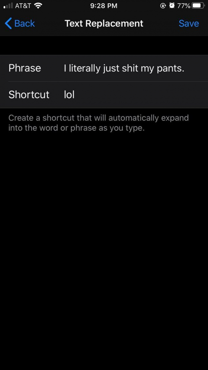 Daughter left her phone out AGAIN. Had fun with text replacement.