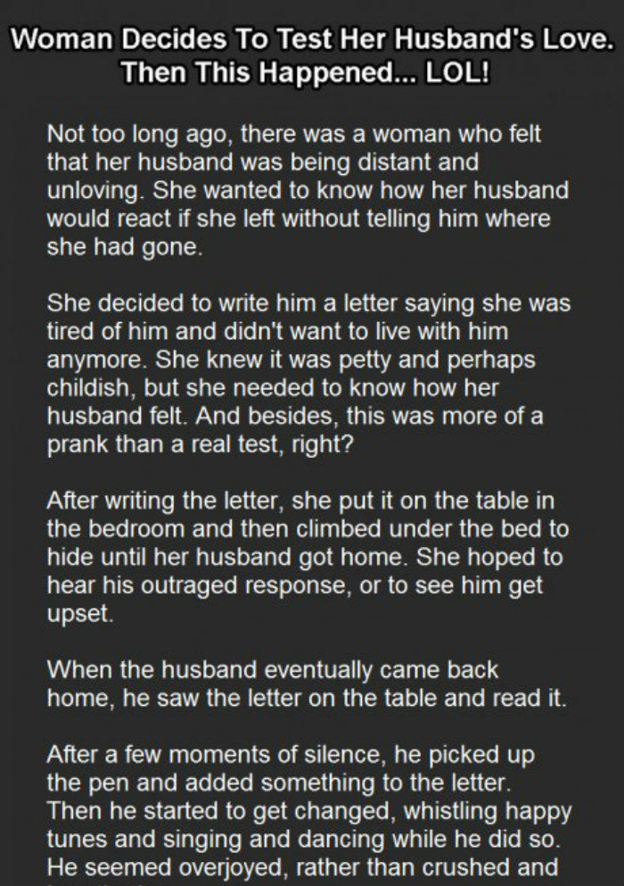 WOMAN DECIDES TO TEST HER HUSBAND’S LOVE. THEN THIS HAPPENED… LOL!