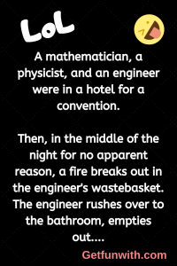 A mathematician, a physicist, and an engineer were in a hotel for a convention.
