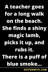 A teacher goes for a long walk on the beach. She finds a shiny magic lamb, picks it up, and rubs it.