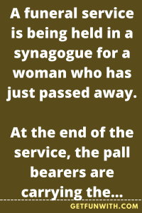 A funeral service is being held in a synagogue for a woman who has just passed away.